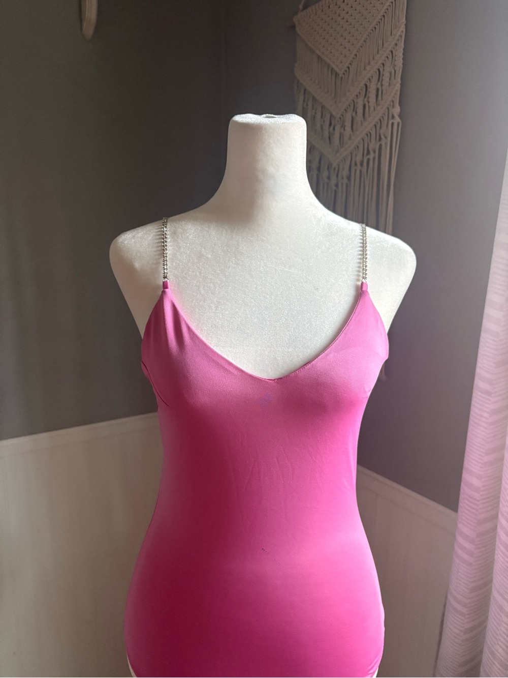 Hot Pink Satin Cami Bodysuit with Rhinestone Straps